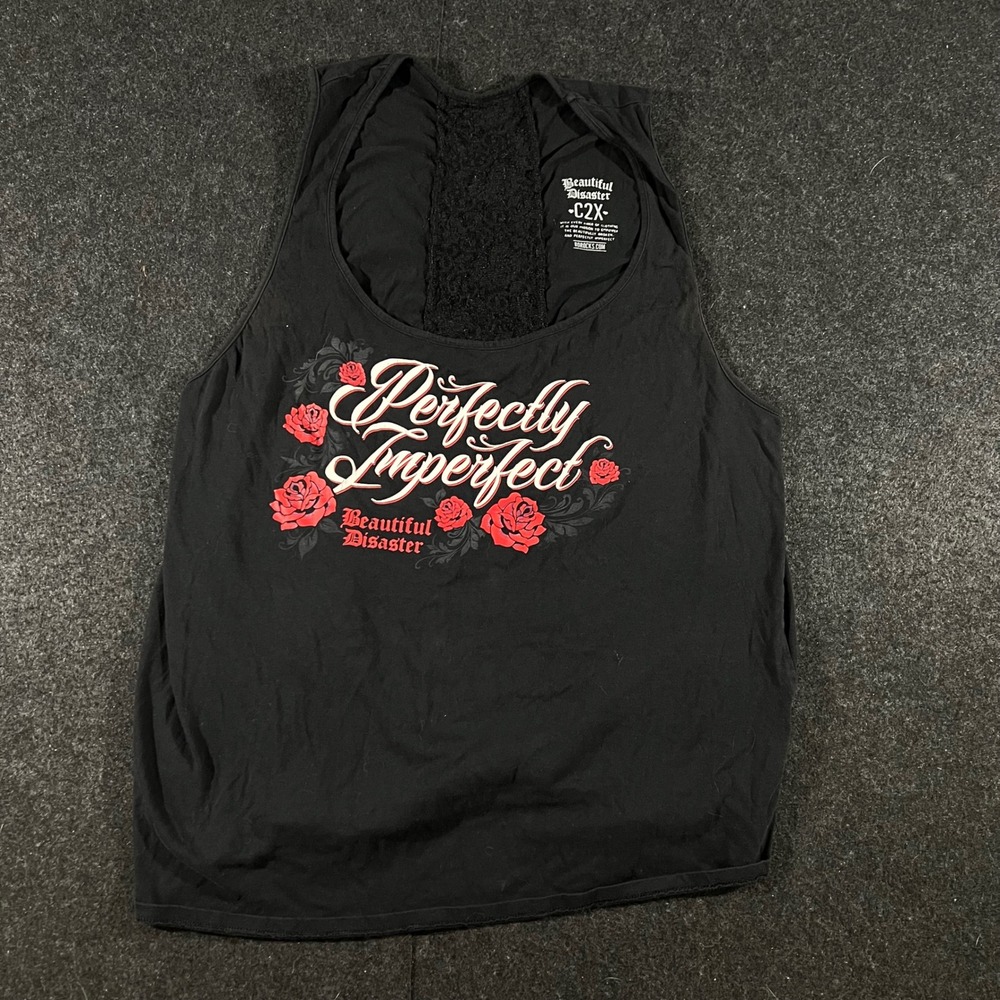 Beautiful Disaster Perfectly Imperfect Tank Womens 2X Black Rose Lace Goth Biker